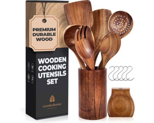 wooden utensils for cooking set with holder